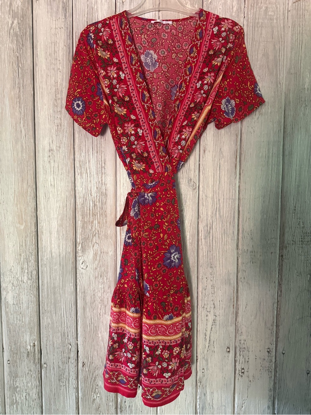 Boho Cupshe Red Floral Wrap-Style Midi Dress - Picture 2 of 10